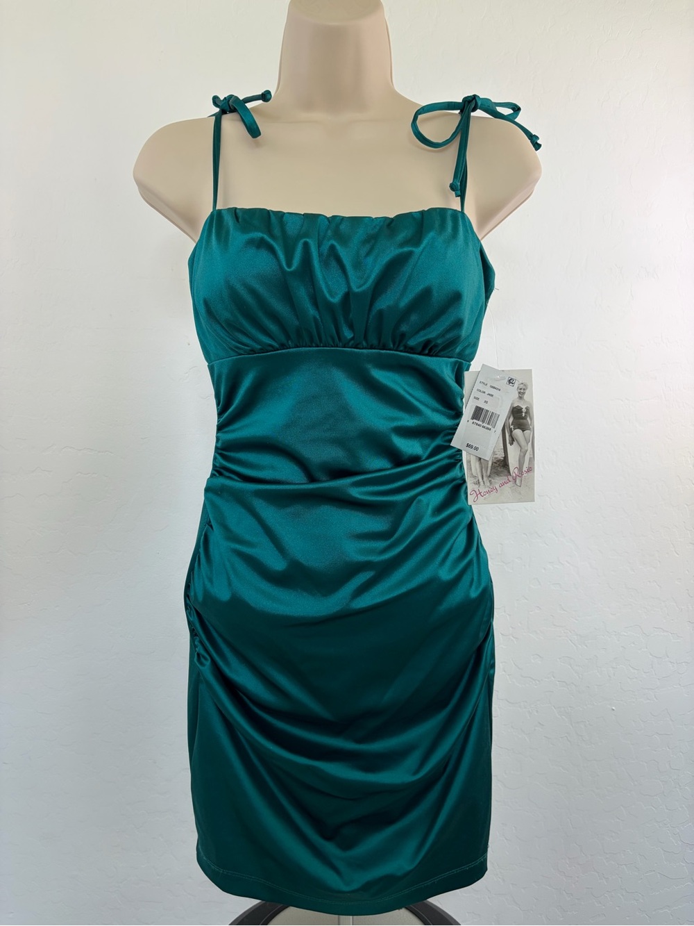 Honey and Rosie Teal Satin Tie-Shoulder Slip Dress